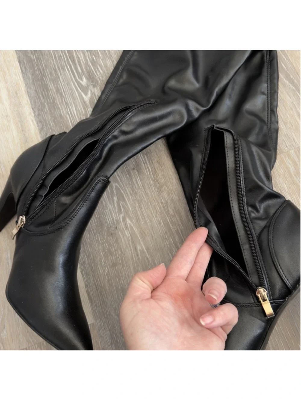 Womens 8.5 Black Thigh-High Stiletto Pointed Toe Faux Leather Boots Gothic Witch